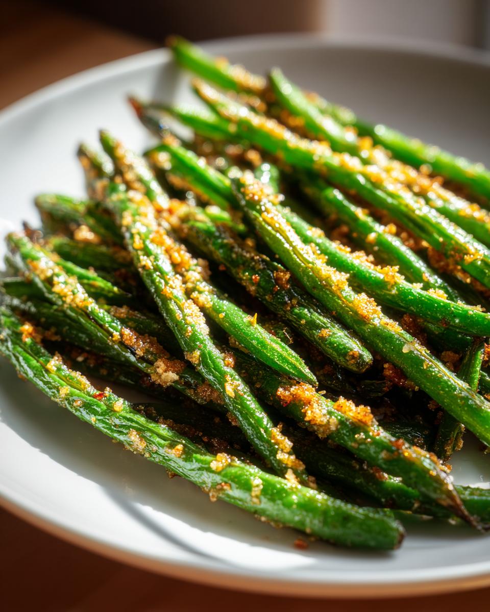 Close-up of bright green beans coated in crispy Parmesan topping, ready to serve.