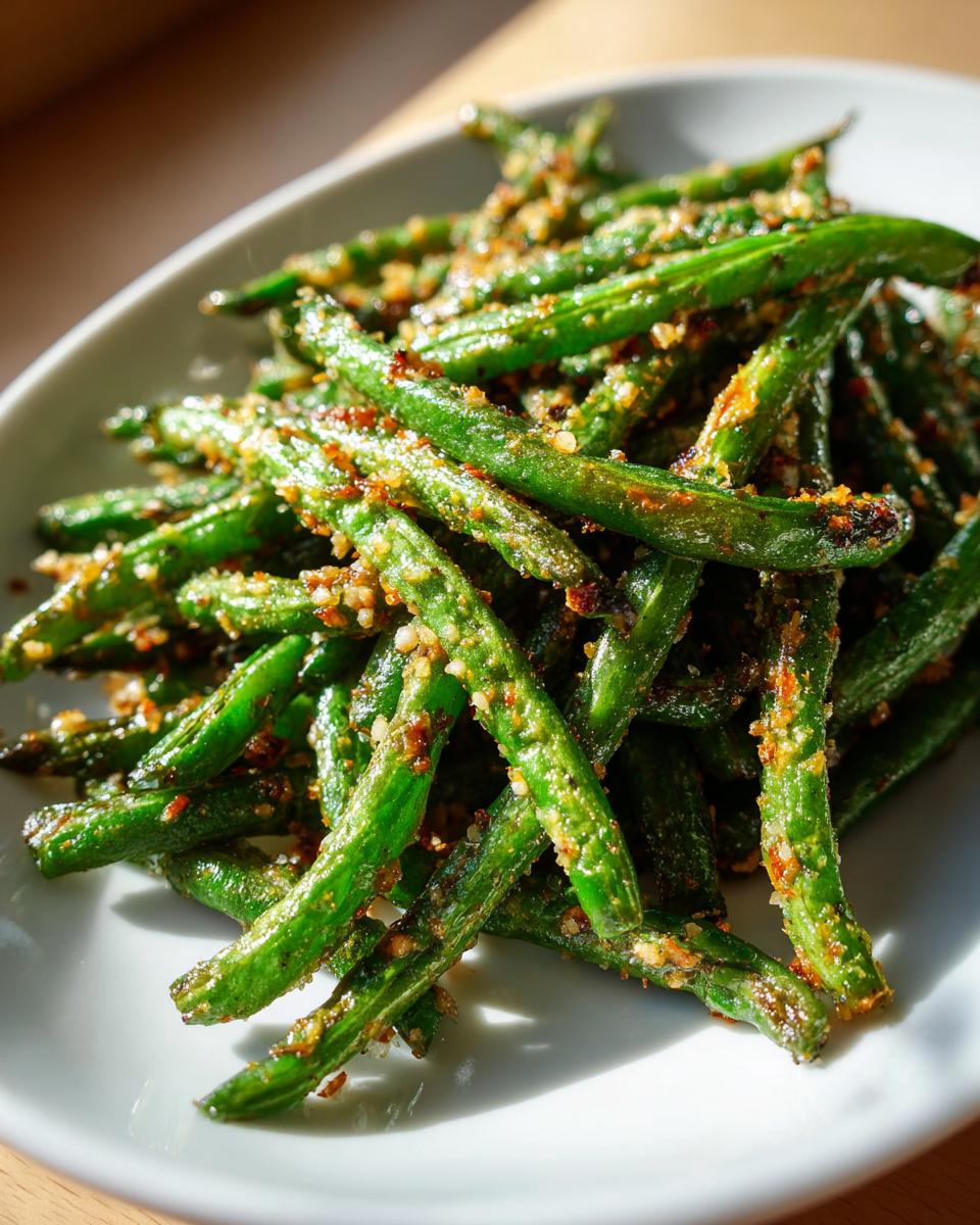 A pile of crispy Parmesan green beans coated in seasoning served on a white plate.