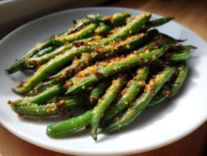 A serving of crispy Parmesan green beans piled on a white plate, ready to eat.