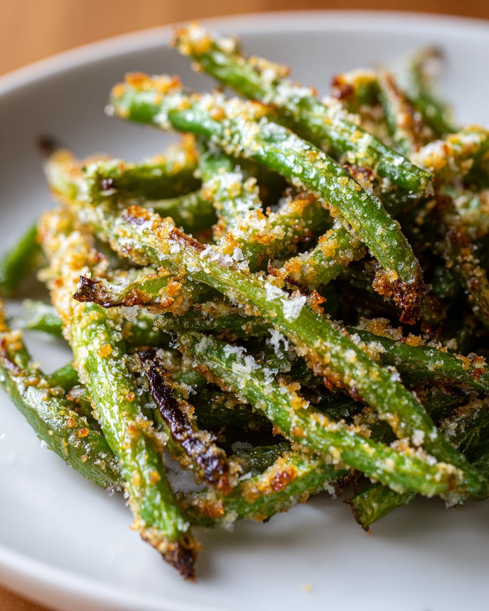 Close-up of crispy Parmesan green beans piled on a white plate, showing a golden, seasoned coating.