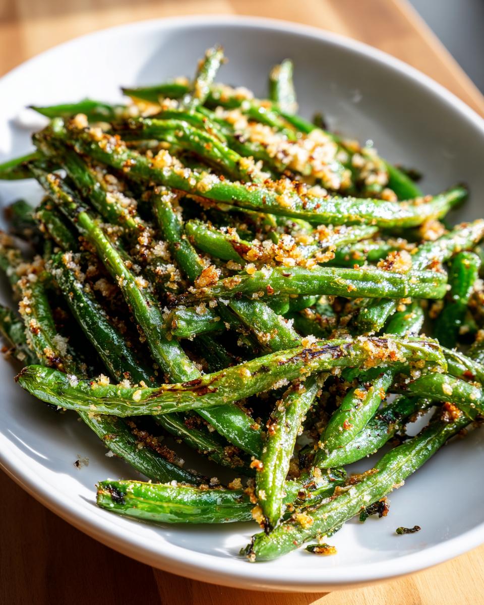 Close-up of bright green beans tossed with crispy Parmesan breading, ready to serve.