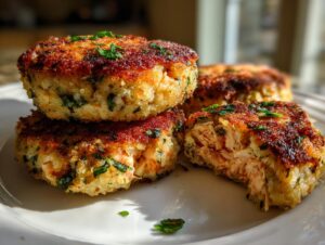 Close-up of golden brown, crispy salmon cakes, one of which is broken open to show flaky salmon inside.