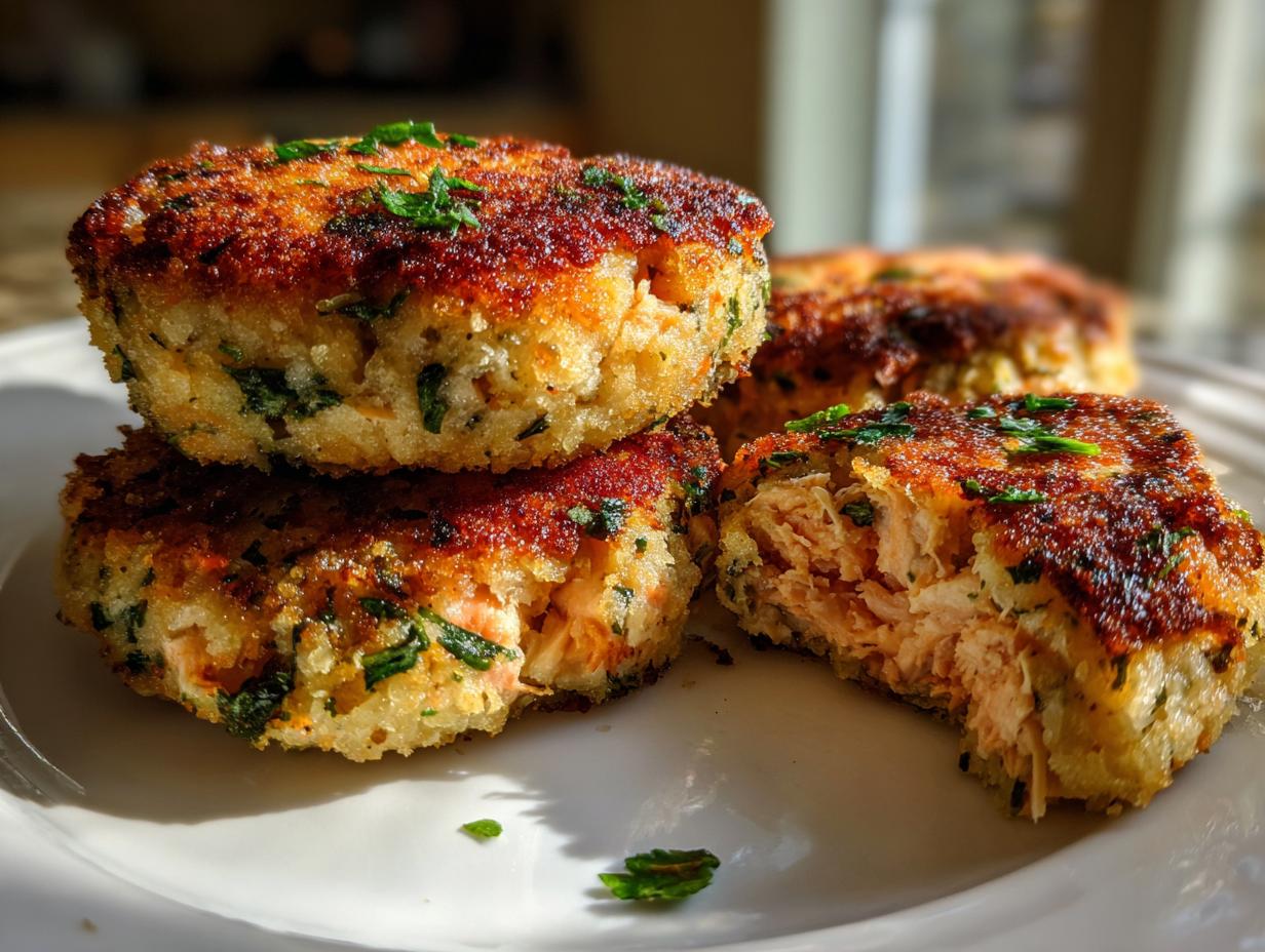Close-up of golden brown, crispy salmon cakes, one of which is broken open to show flaky salmon inside.