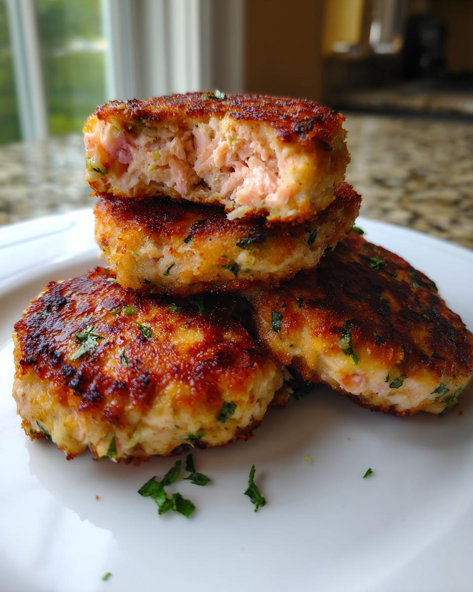 A stack of four crispy, golden-brown salmon cakes, with the top one broken open to show the flaky pink interior.