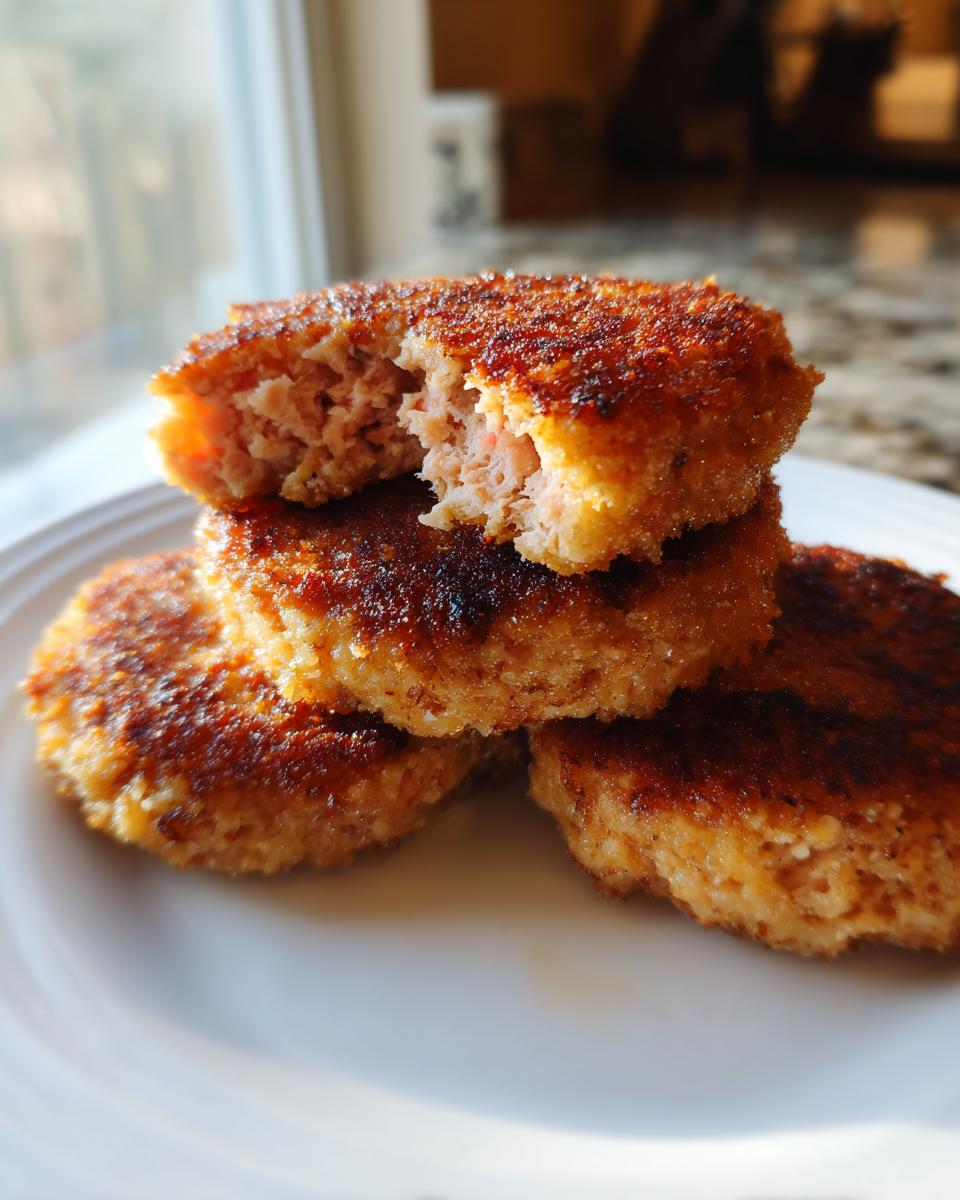 A stack of four golden-brown, crispy salmon cakes on a white plate, with the top one broken open to show the flaky interior.