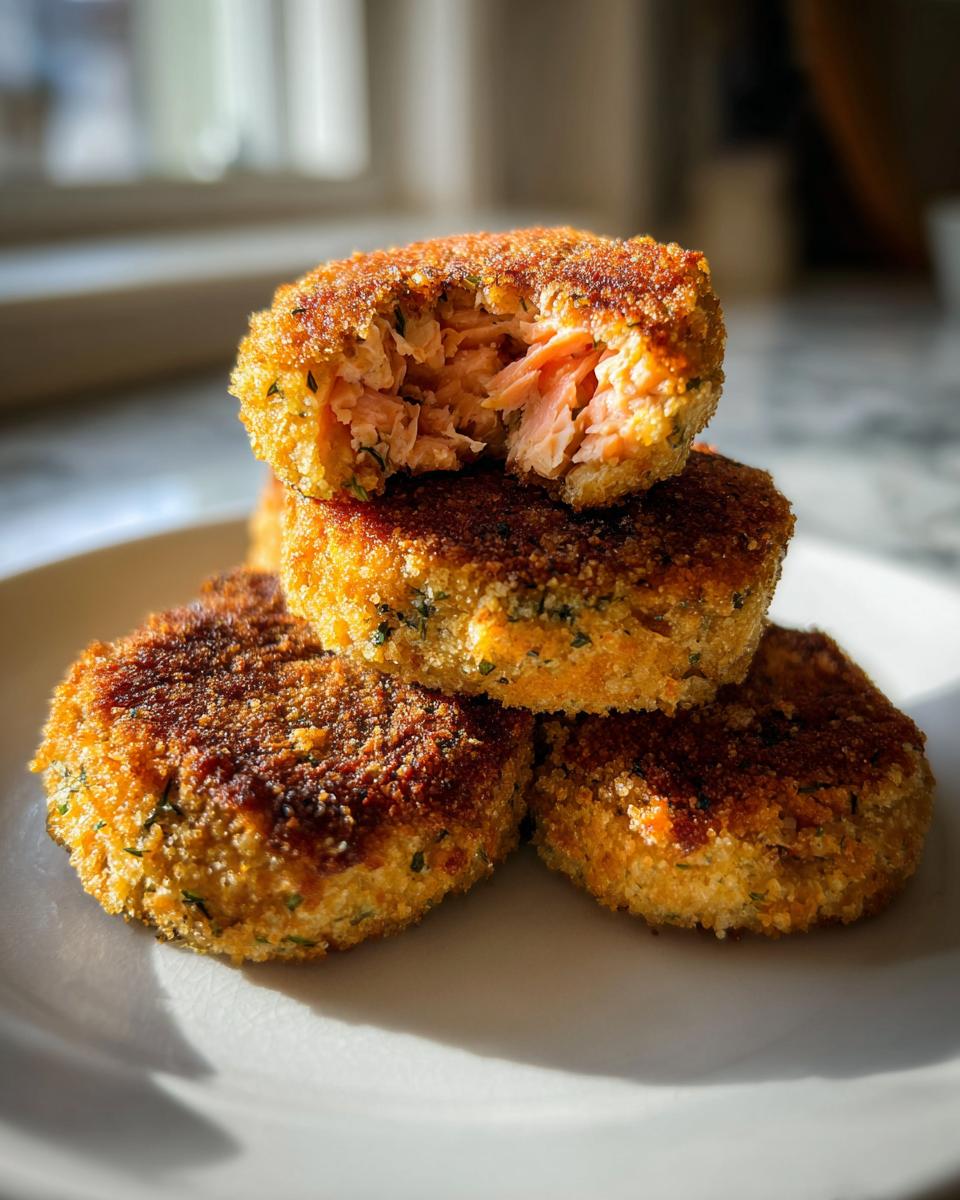 A stack of four golden-brown, crispy salmon cakes, with the top one broken open to show the flaky pink salmon inside.