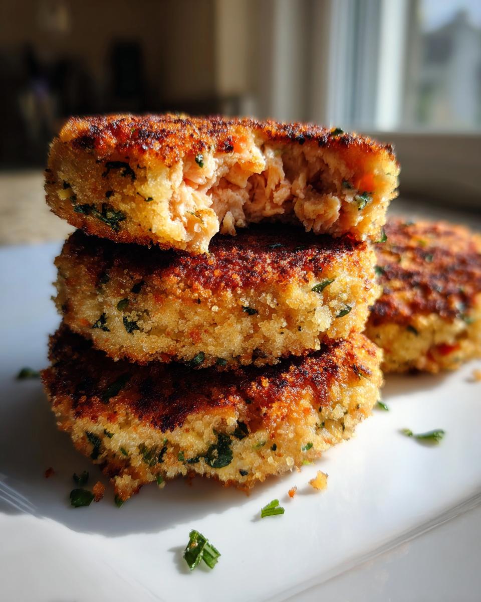 A stack of three crispy, golden-brown salmon cakes, with the top one broken open showing the flaky interior.