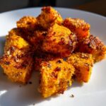 Close-up of golden-brown, seasoned, crispy cubes of savory sweet potatoes piled on a white plate.