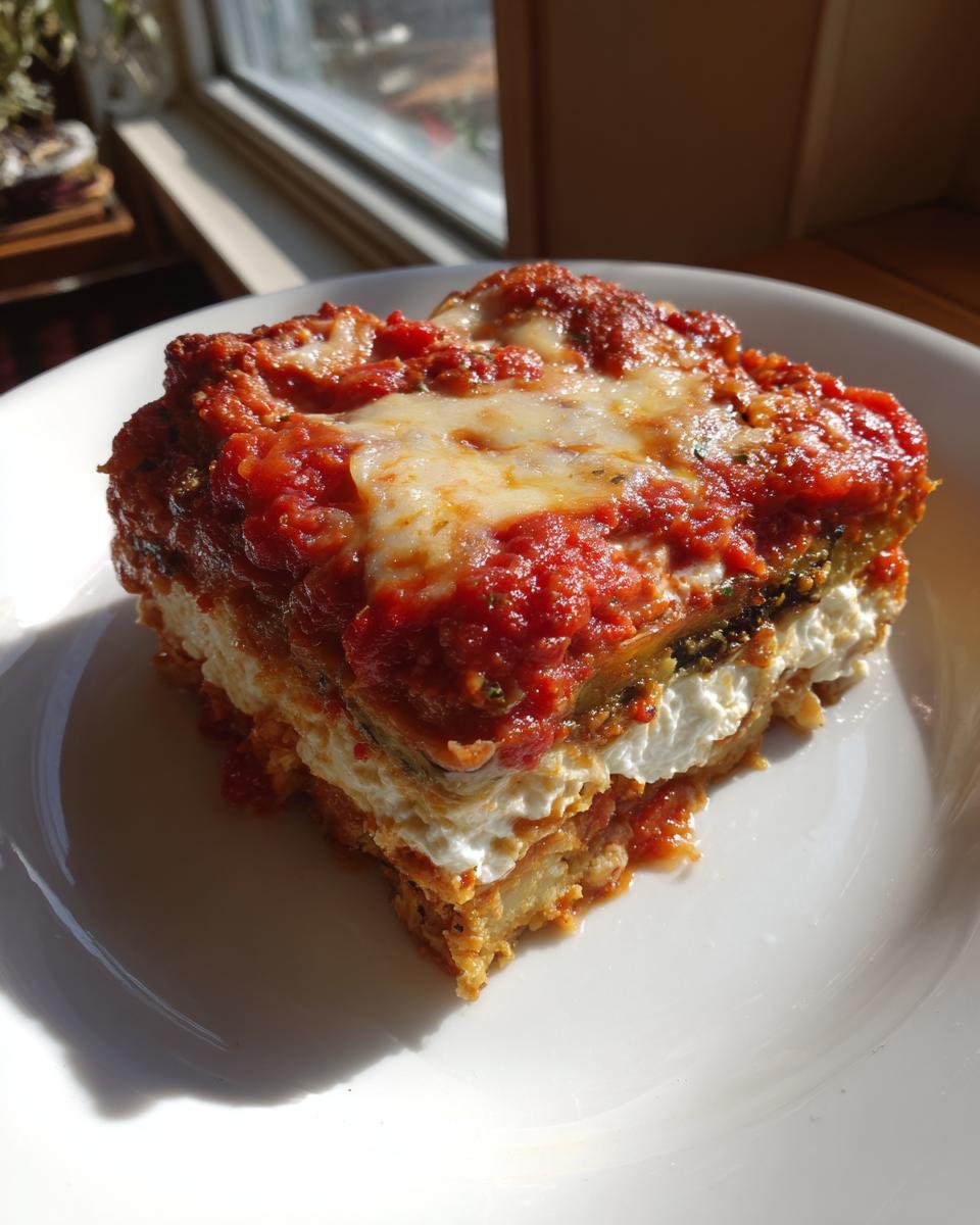 A thick, layered slice of baked eggplant parmesan topped with melted mozzarella and rich tomato sauce.