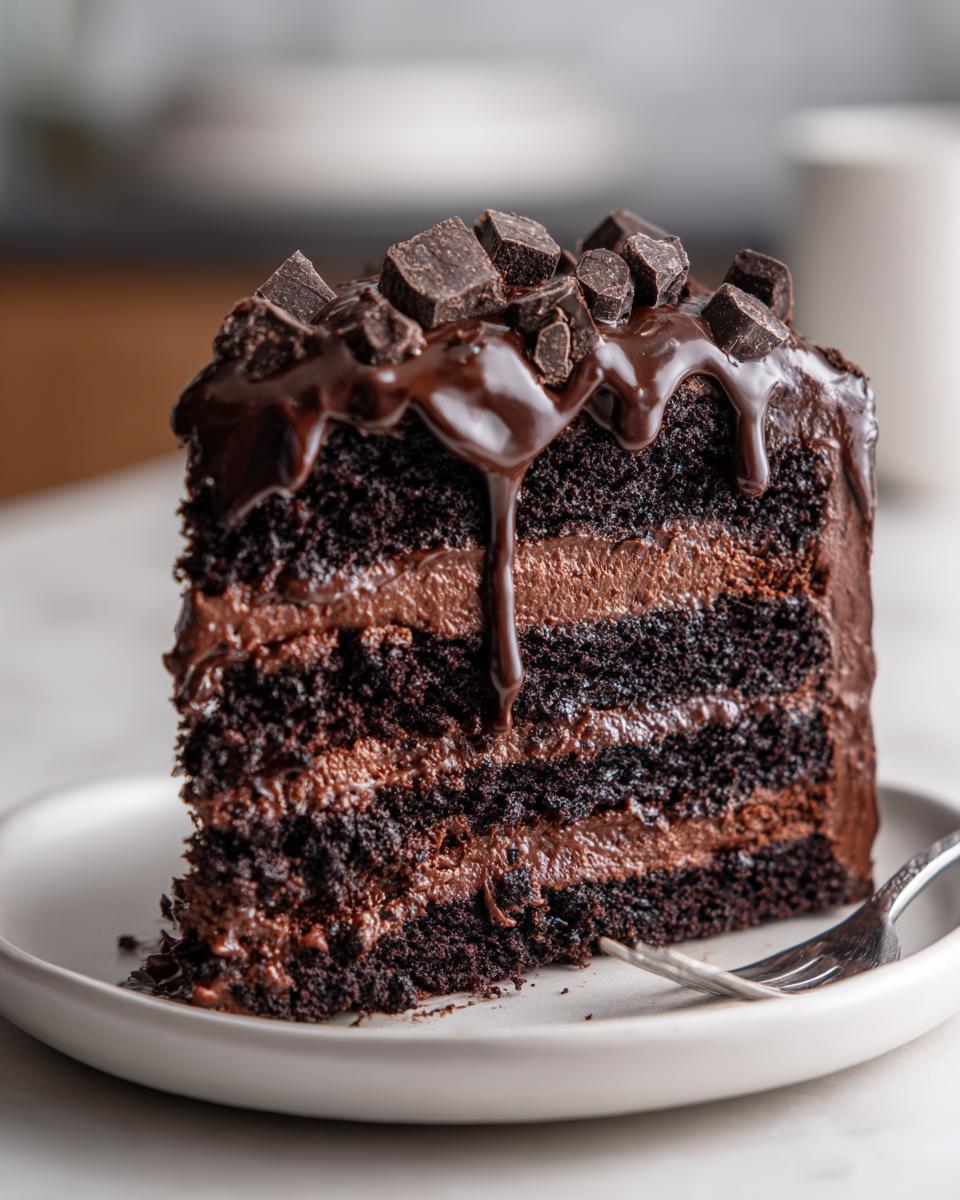 A tall slice of epic chocolate overload dessert cake with four layers and chocolate ganache drip.