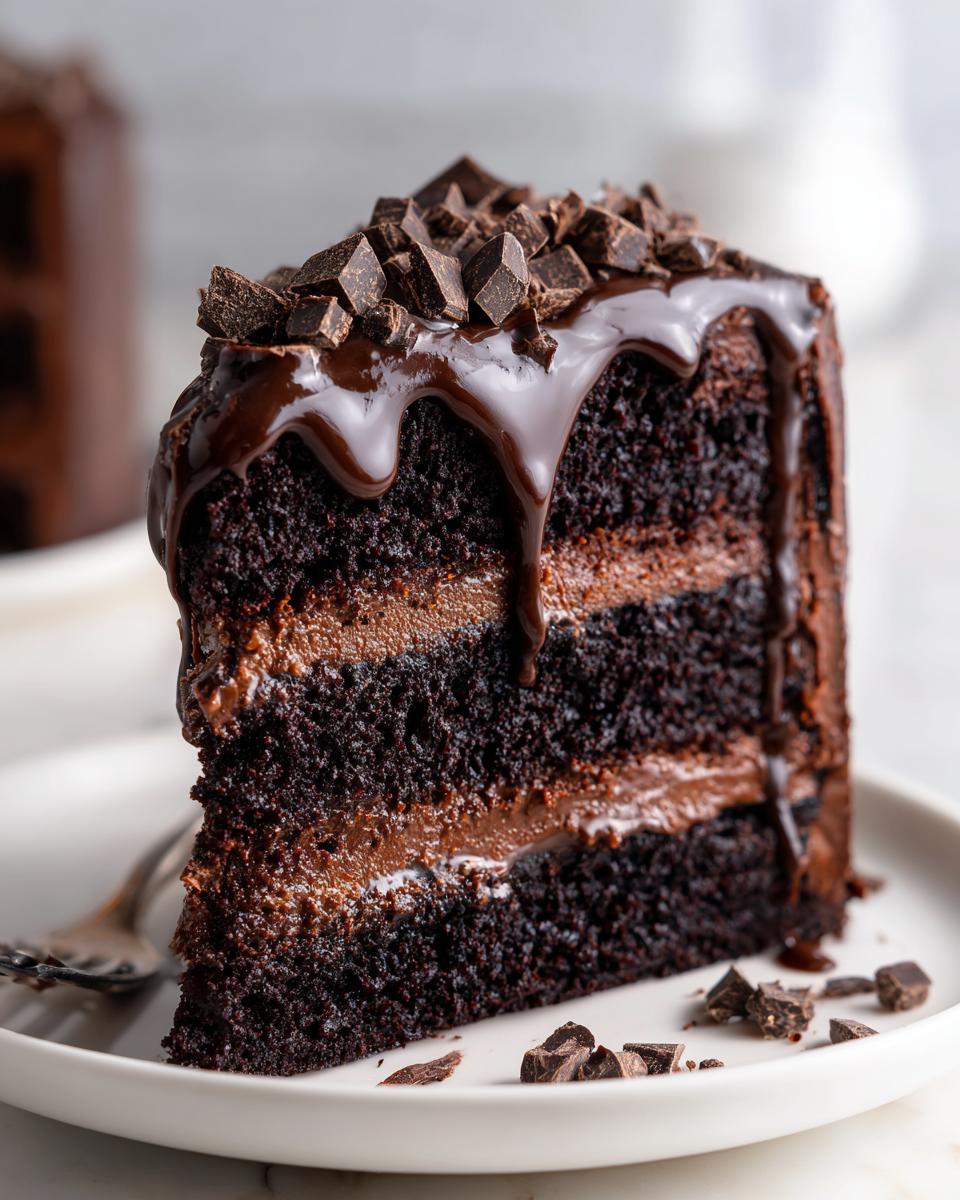 A decadent slice of triple-layer chocolate cake, an epic chocolate overload dessert, topped with ganache drip and chocolate chunks.