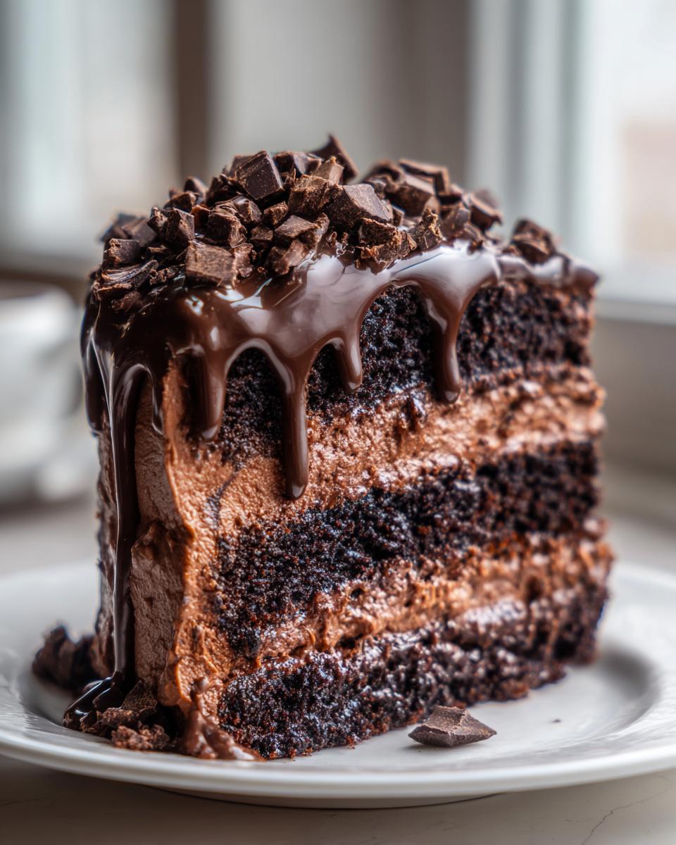 A decadent slice of an epic chocolate overload dessert cake with rich layers and chocolate ganache drip.