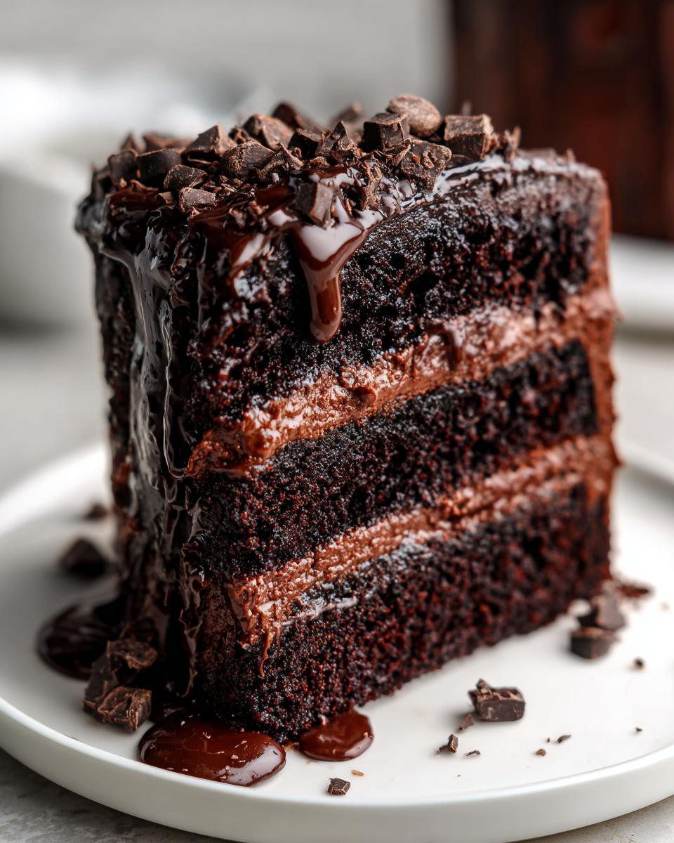 A decadent slice of triple-layer chocolate cake, an epic chocolate overload dessert, dripping with ganache and topped with chocolate chunks.
