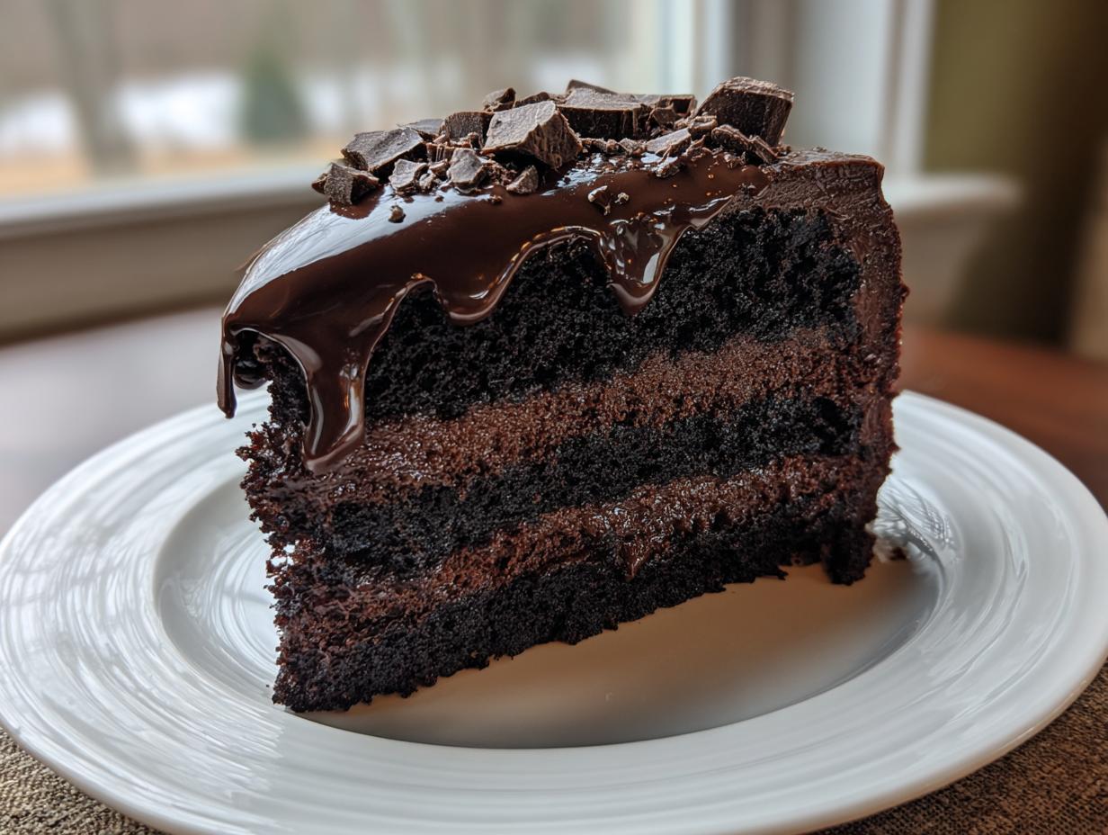 A decadent slice of multi-layered chocolate cake, featuring rich ganache drip and chocolate chunks, an epic chocolate overload dessert.