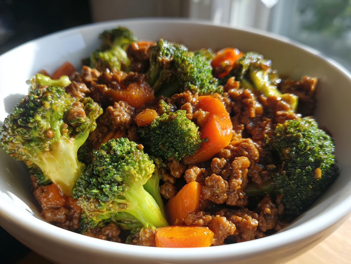 A close-up shot of a white bowl filled with savory ground beef stir fry mixed with bright green broccoli florets and orange carrot slices.