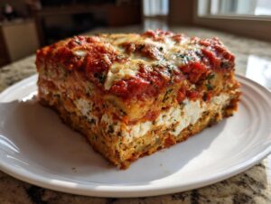 A thick, layered slice of baked eggplant parmesan featuring rich tomato sauce and creamy ricotta cheese.