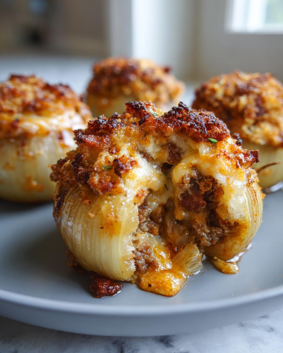 Close-up of a firecracker bacon cheddar cheeseburger stuffed onion bomb, showing melted cheese and savory filling spilling out.