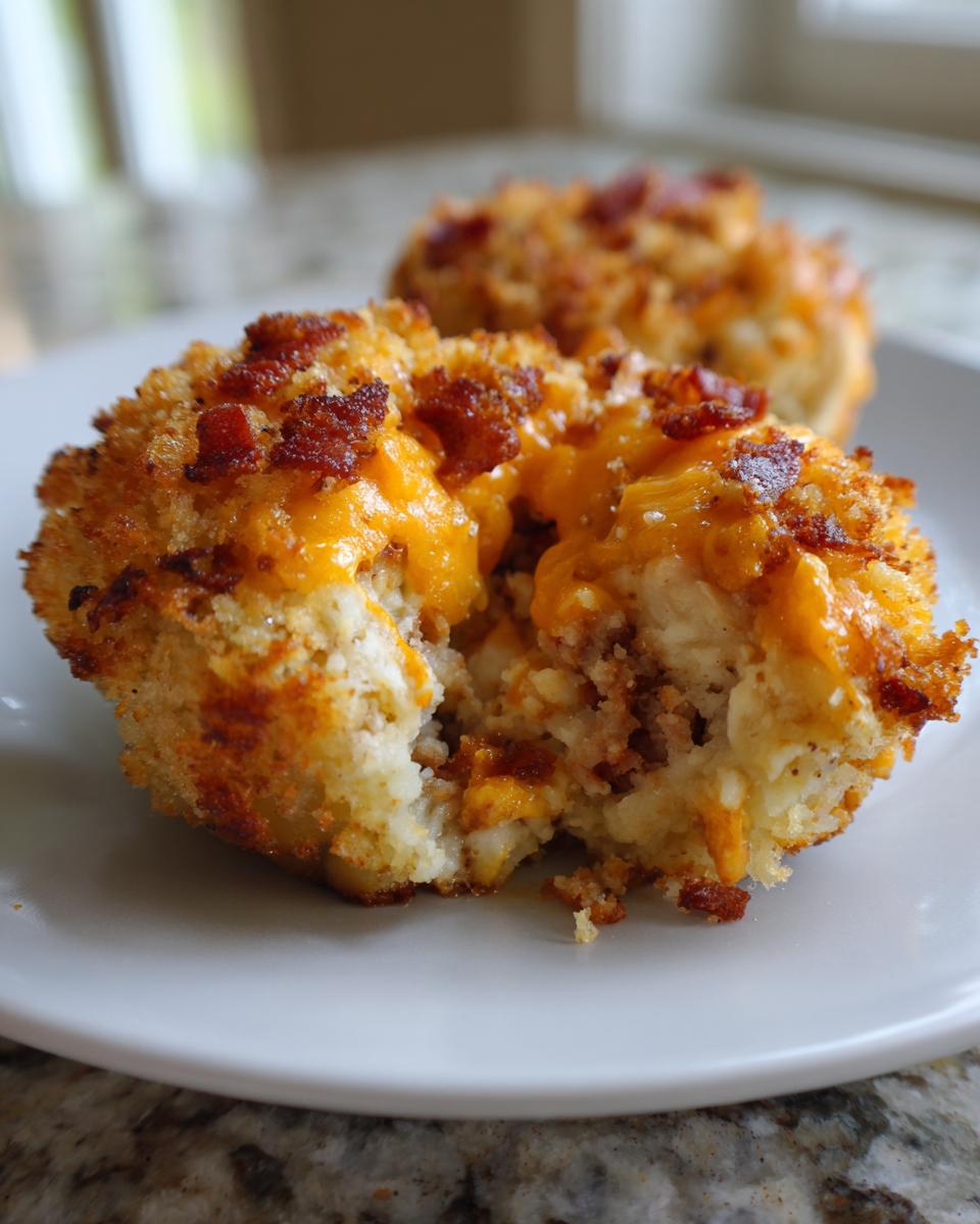 A firecracker bacon cheddar cheeseburger stuffed onion bomb broken open, showing melted cheese and bacon topping.