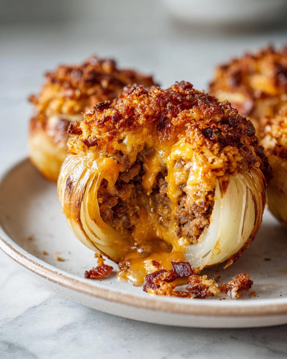 Close-up of a firecracker bacon cheddar cheeseburger stuffed onion bomb cut open showing melted cheese and meat filling.