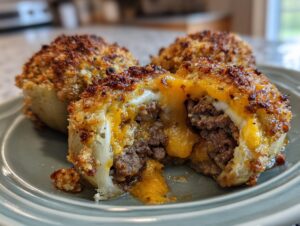 Close-up of a firecracker bacon cheddar cheeseburger stuffed onion bomb cut in half, showing melted cheese and seasoned ground beef filling.