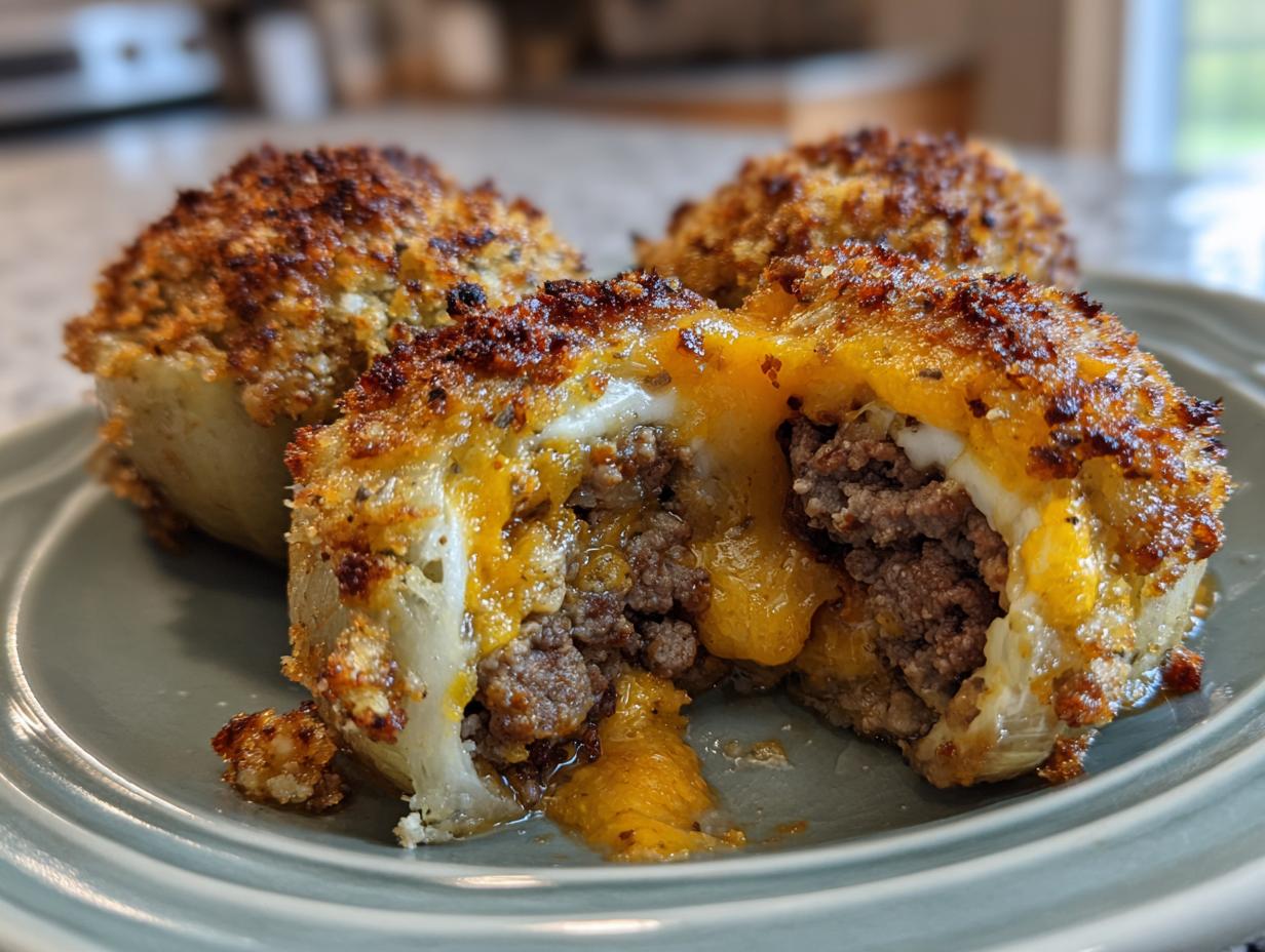 Close-up of a firecracker bacon cheddar cheeseburger stuffed onion bomb cut in half, showing melted cheese and seasoned ground beef filling.