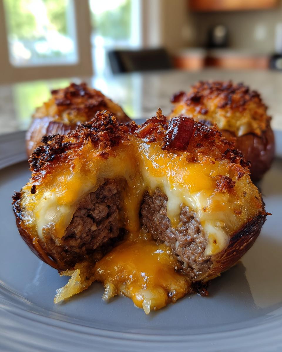 Cross-section of a firecracker bacon cheddar cheeseburger stuffed onion bomb showing melted cheese oozing over the seasoned ground beef filling.