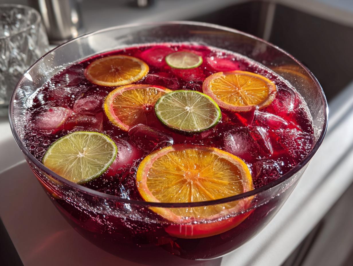 Close-up of a glass punch bowl filled with deep red firecracker punch, ice cubes, and slices of orange and lime.