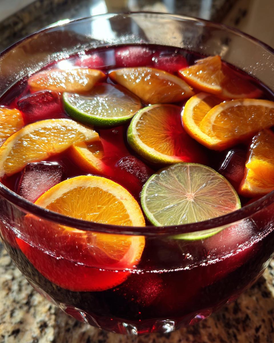 Close-up of a glass punch bowl filled with vibrant red firecracker punch, ice cubes, and slices of orange and lime.