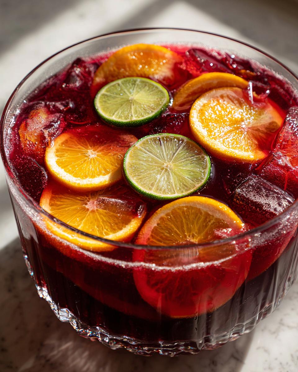 Close-up of a crystal punch bowl filled with deep red firecracker punch, garnished with floating orange and lime slices.