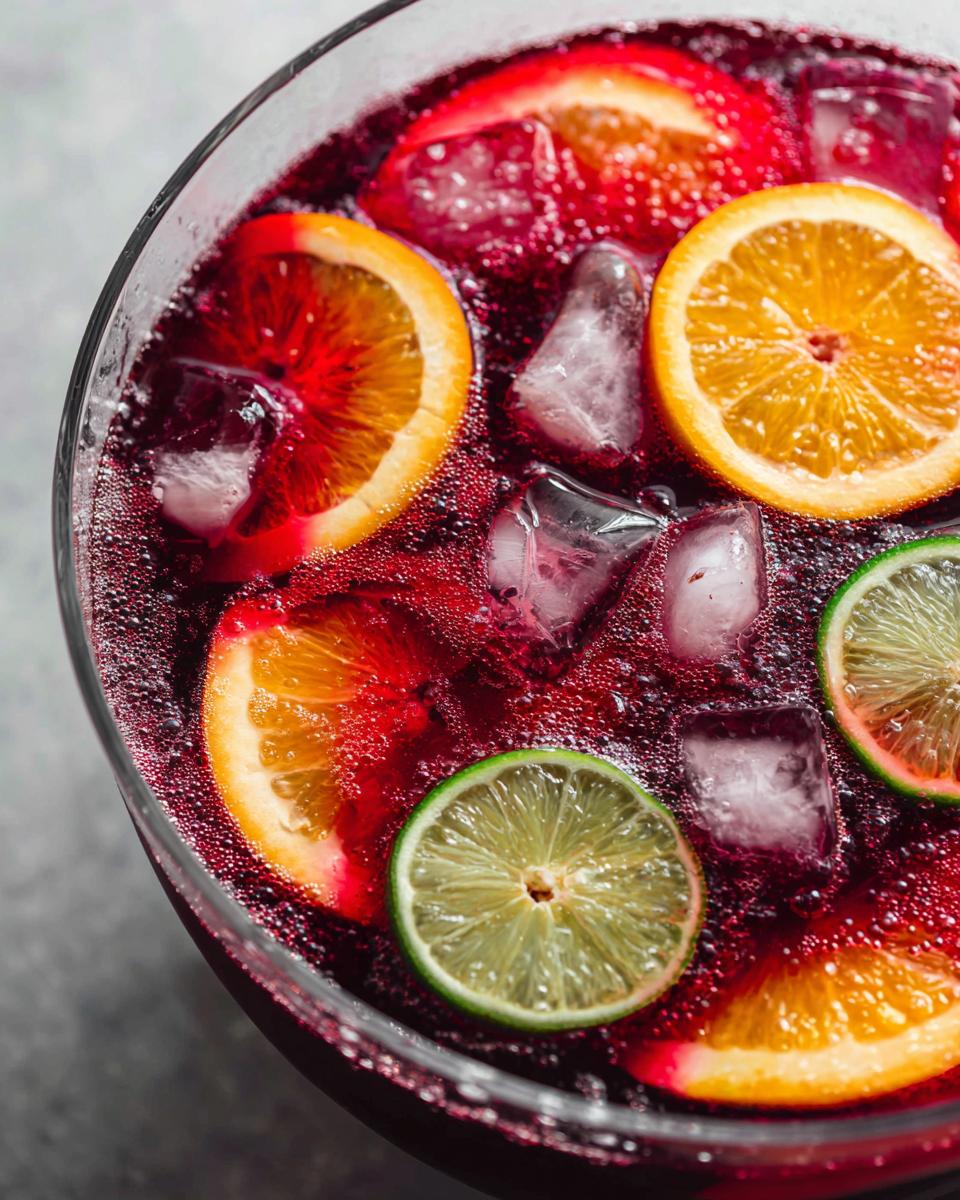 Close-up overhead view of vibrant red firecracker punch in a glass bowl, topped with ice cubes and slices of orange and lime.