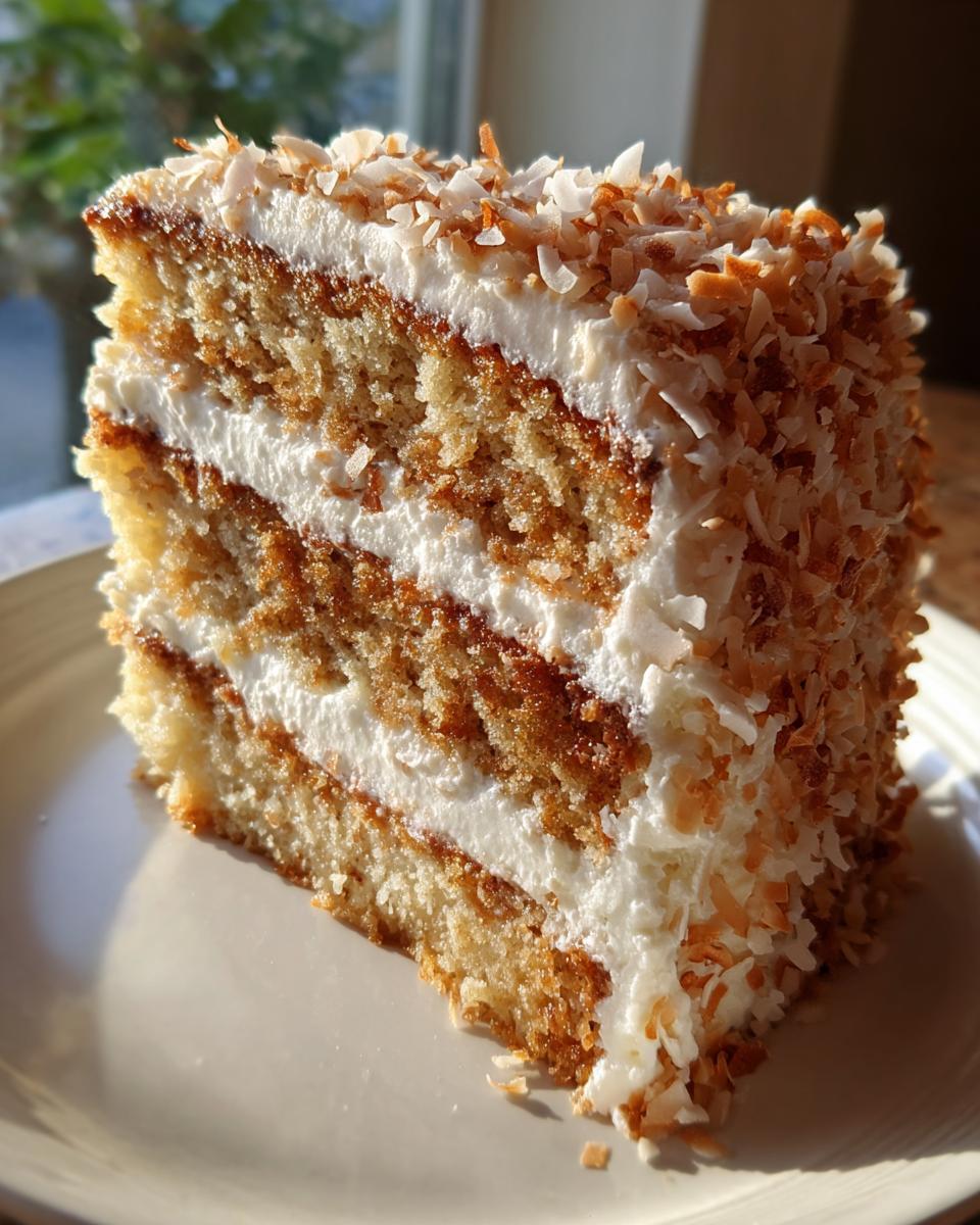 A tall slice of three-layer coconut cake with white frosting and toasted coconut flakes on a white plate.