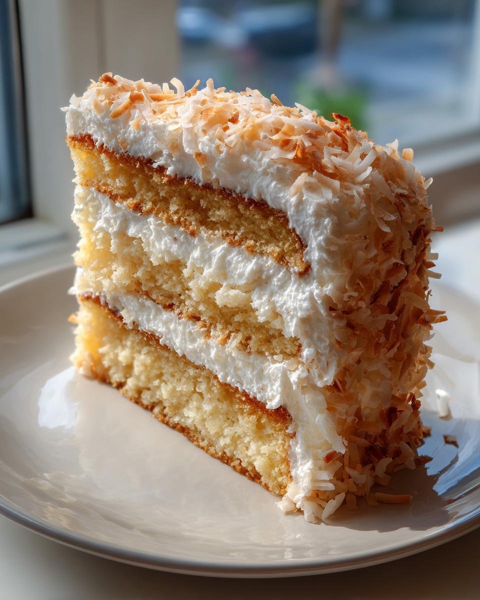 A tall, moist slice of 3-layer coconut cake with white frosting and toasted coconut flakes.