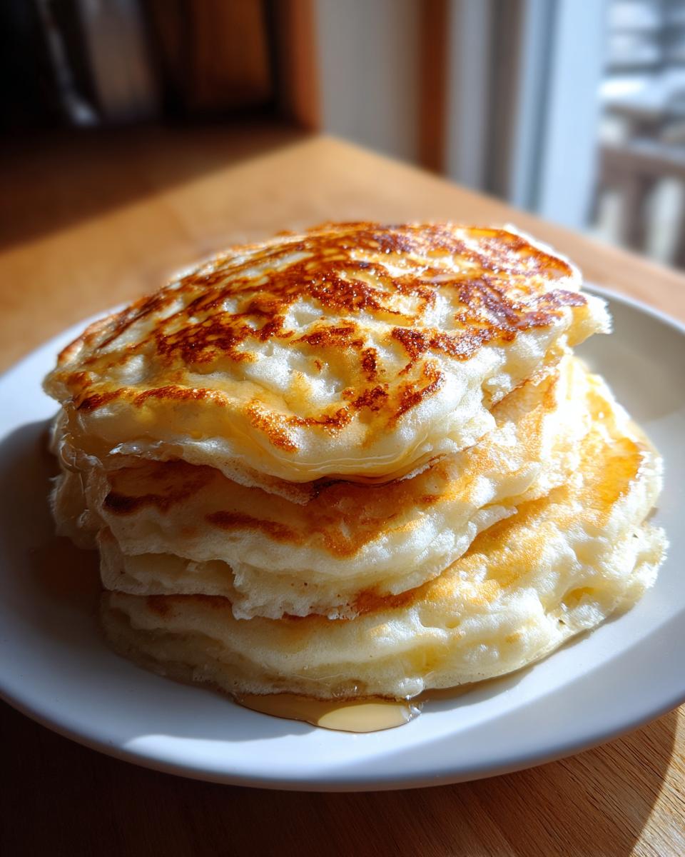 A tall stack of four fluffy buttermilk pancakes drizzled with syrup, sitting on a white plate.
