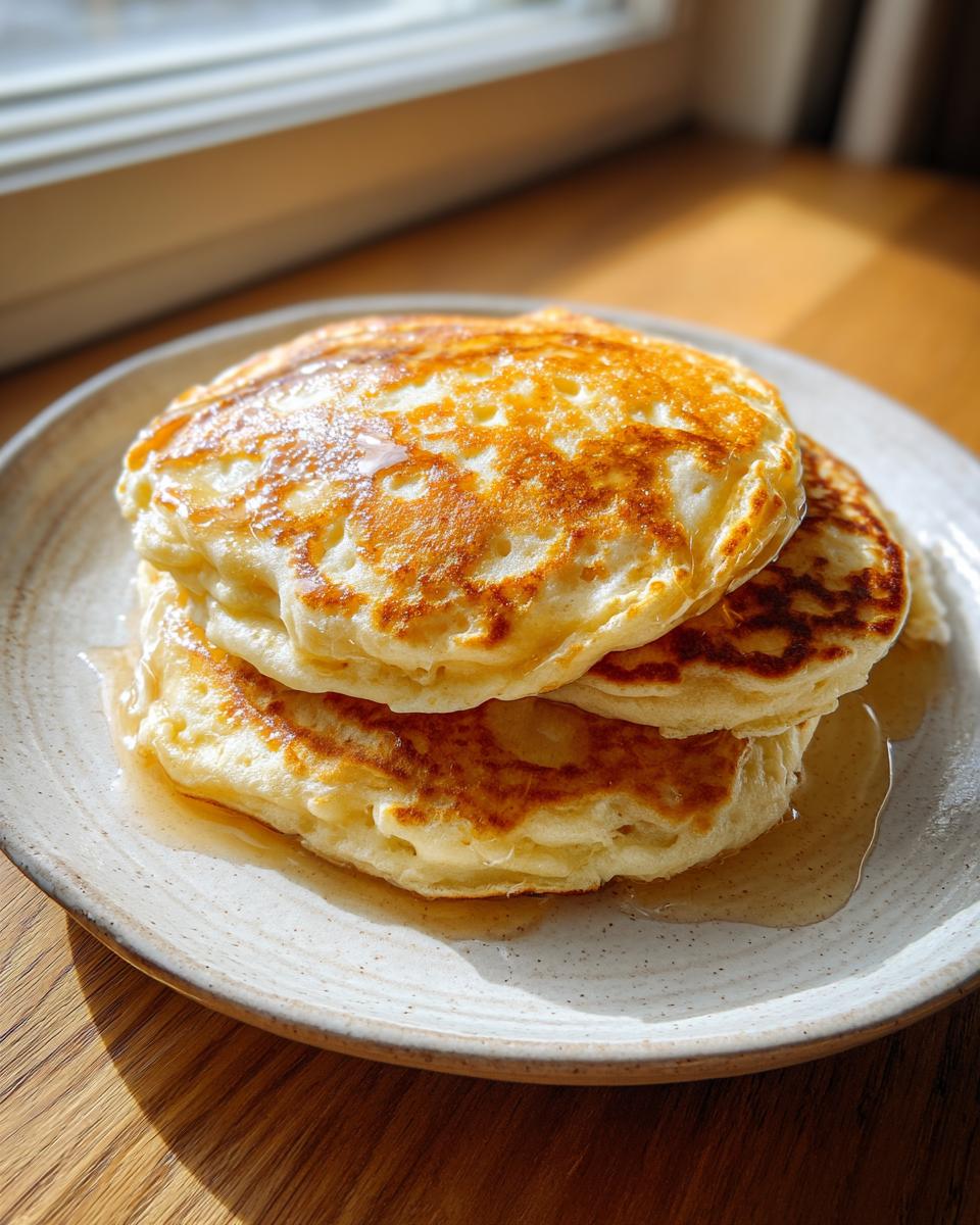 A stack of three golden-brown buttermilk pancakes drizzled with syrup, sitting on a speckled plate.