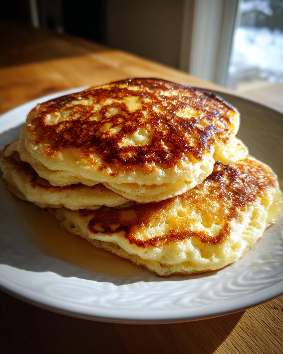 A stack of three fluffy buttermilk pancakes with golden brown, lacy edges, drizzled with syrup on a white plate.