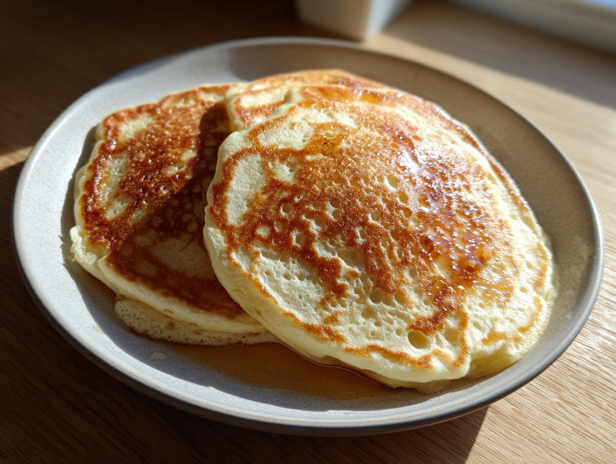 Close-up of two fluffy buttermilk pancakes stacked on a plate, glistening with syrup under natural light.
