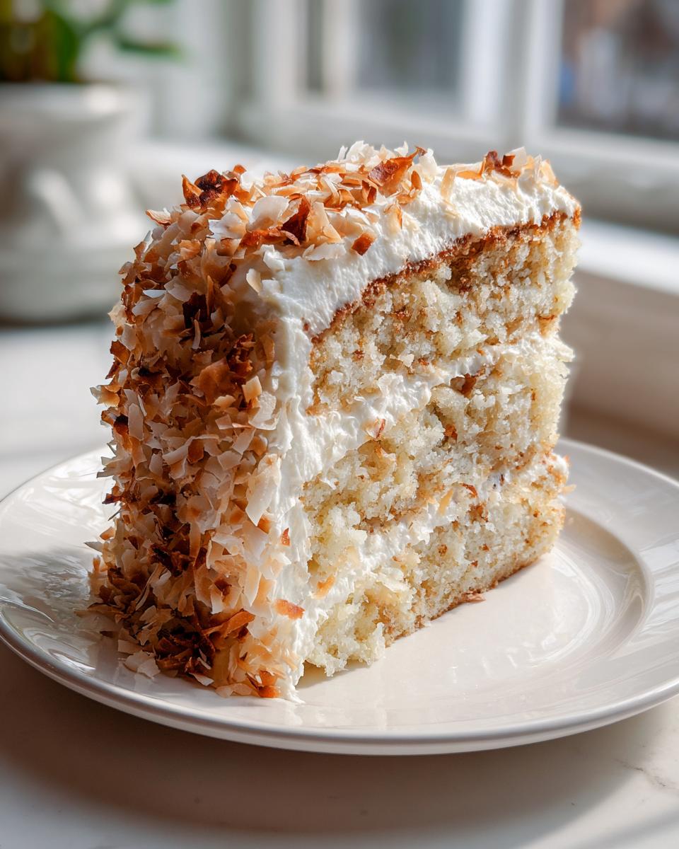 A tall, moist slice of 3-layer coconut cake covered in white frosting and toasted coconut flakes.
