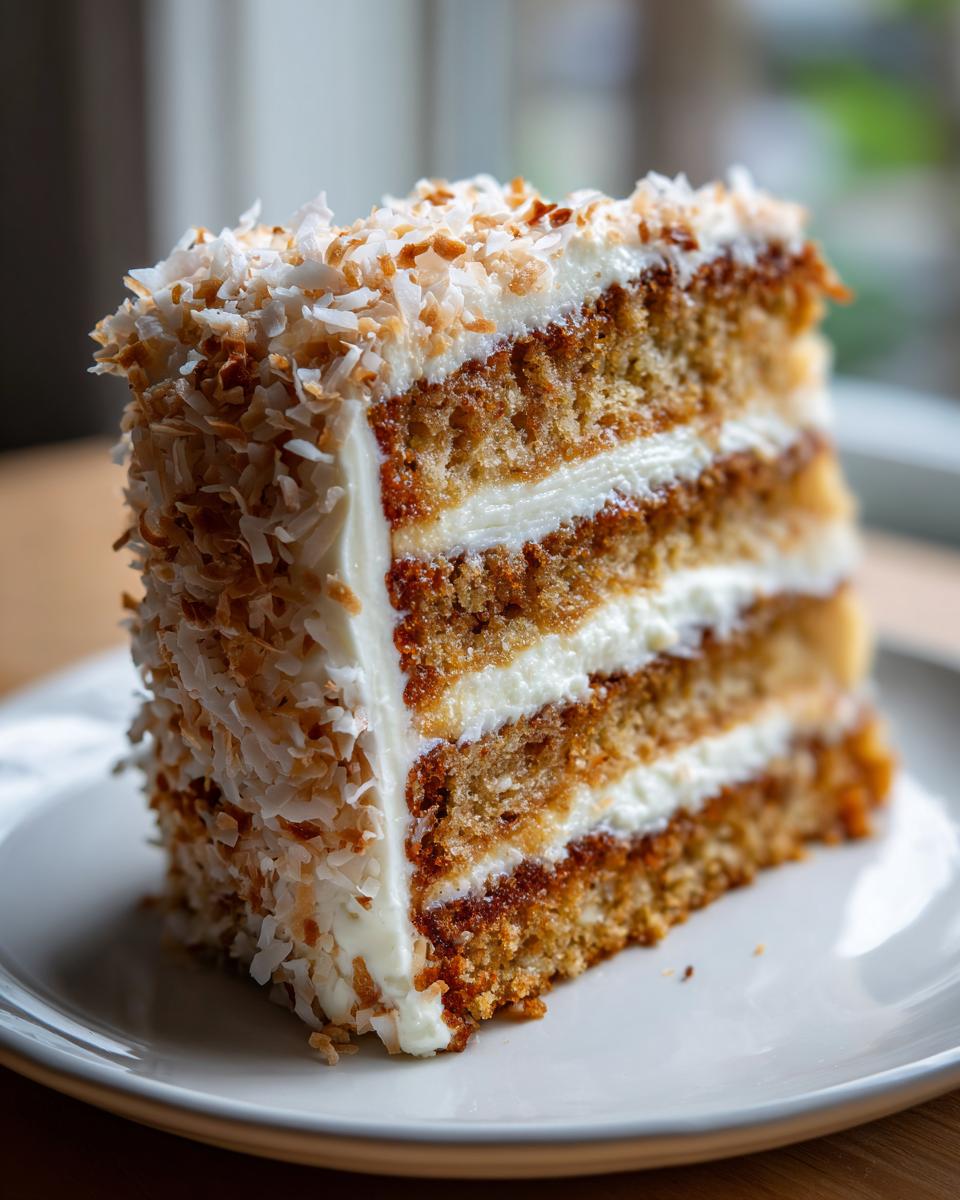 A tall, moist slice of three-layer coconut cake with white frosting and toasted coconut flakes.