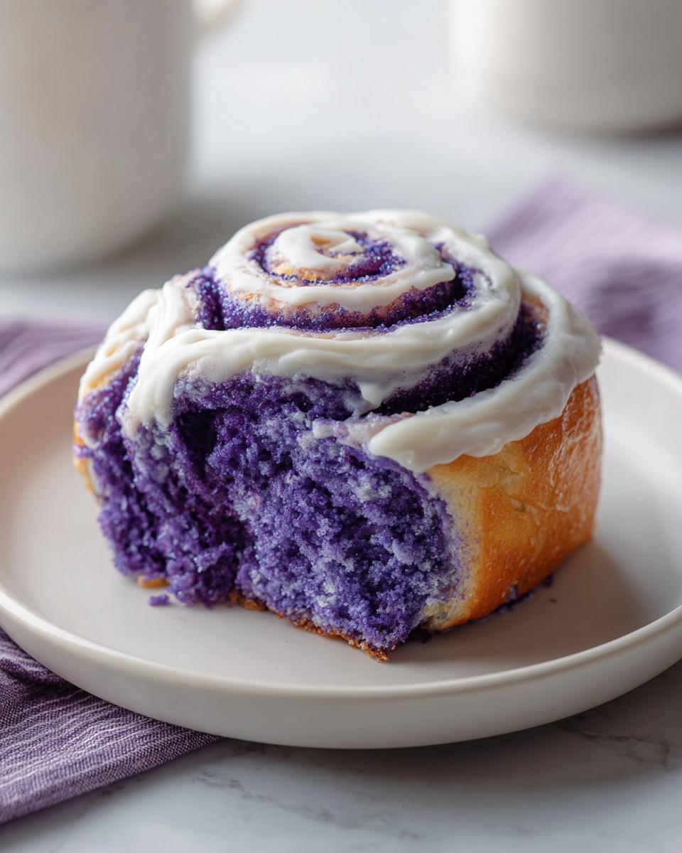 A single, fluffy ube cinnamon rolls slice showing its vibrant purple interior, topped with white cream cheese icing.