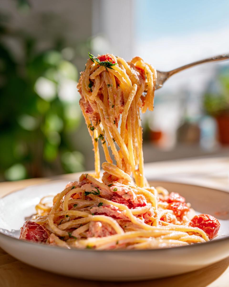 A fork lifts a generous twirl of creamy spaghetti from a bowl of baked feta pasta mixed with roasted tomatoes.