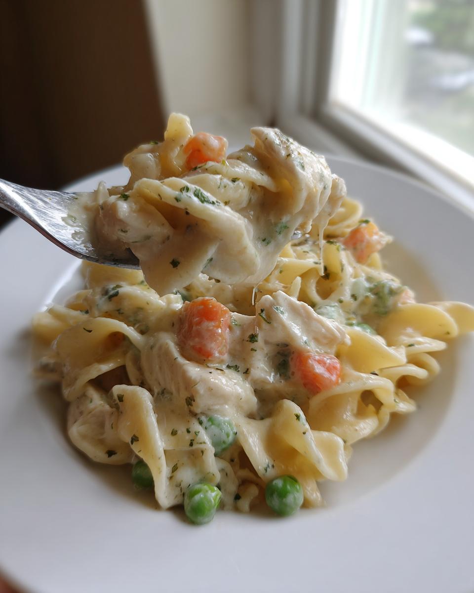 A fork lifts a creamy bite of chicken pot pie pasta, showing noodles, chicken, carrots, and peas.