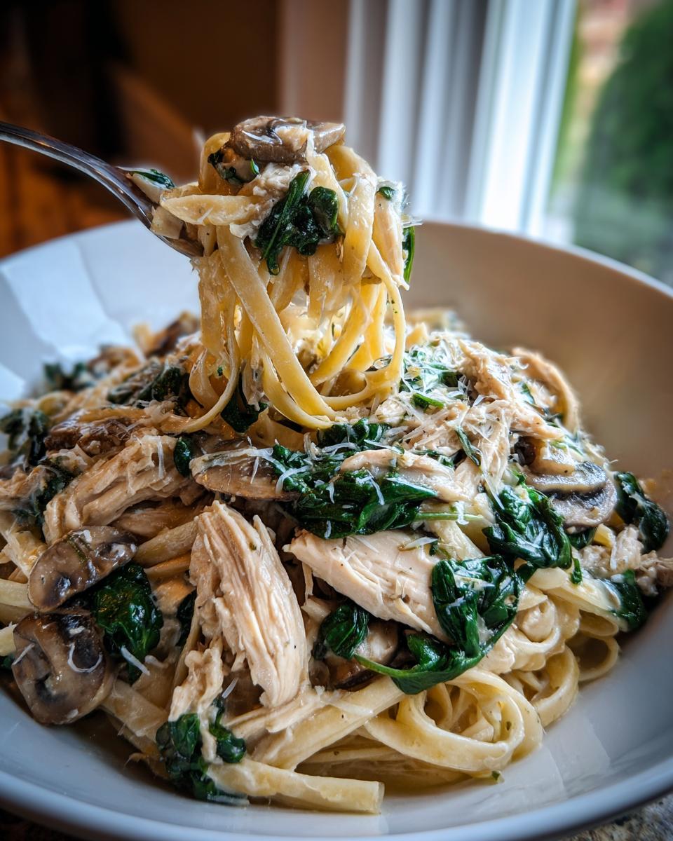 A fork lifting a generous portion of creamy slow cooker chicken fettuccine with mushrooms and spinach from a white bowl.