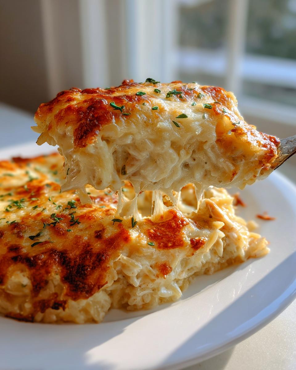 A spoonful of creamy french onion chicken orzo casserole being lifted, showing melted, stretchy cheese.