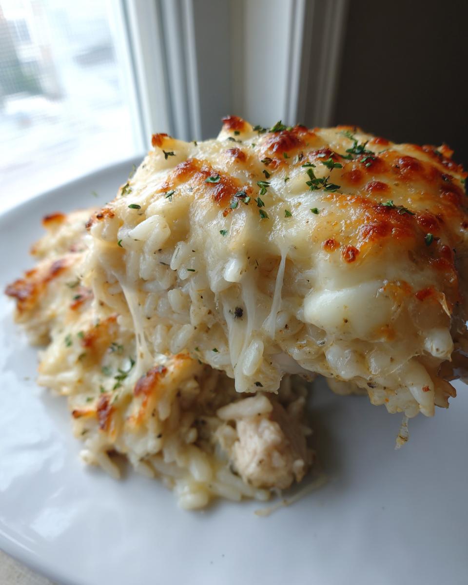 A serving of cheesy french onion chicken orzo casserole being lifted, showing melted, browned cheese and creamy orzo.