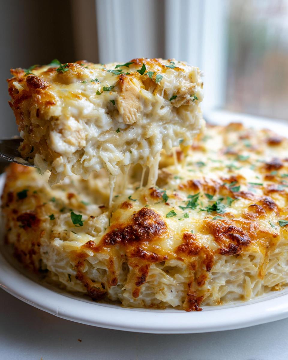 A server lifts a cheesy, gooey slice from a baked french onion chicken orzo casserole topped with browned cheese and parsley.