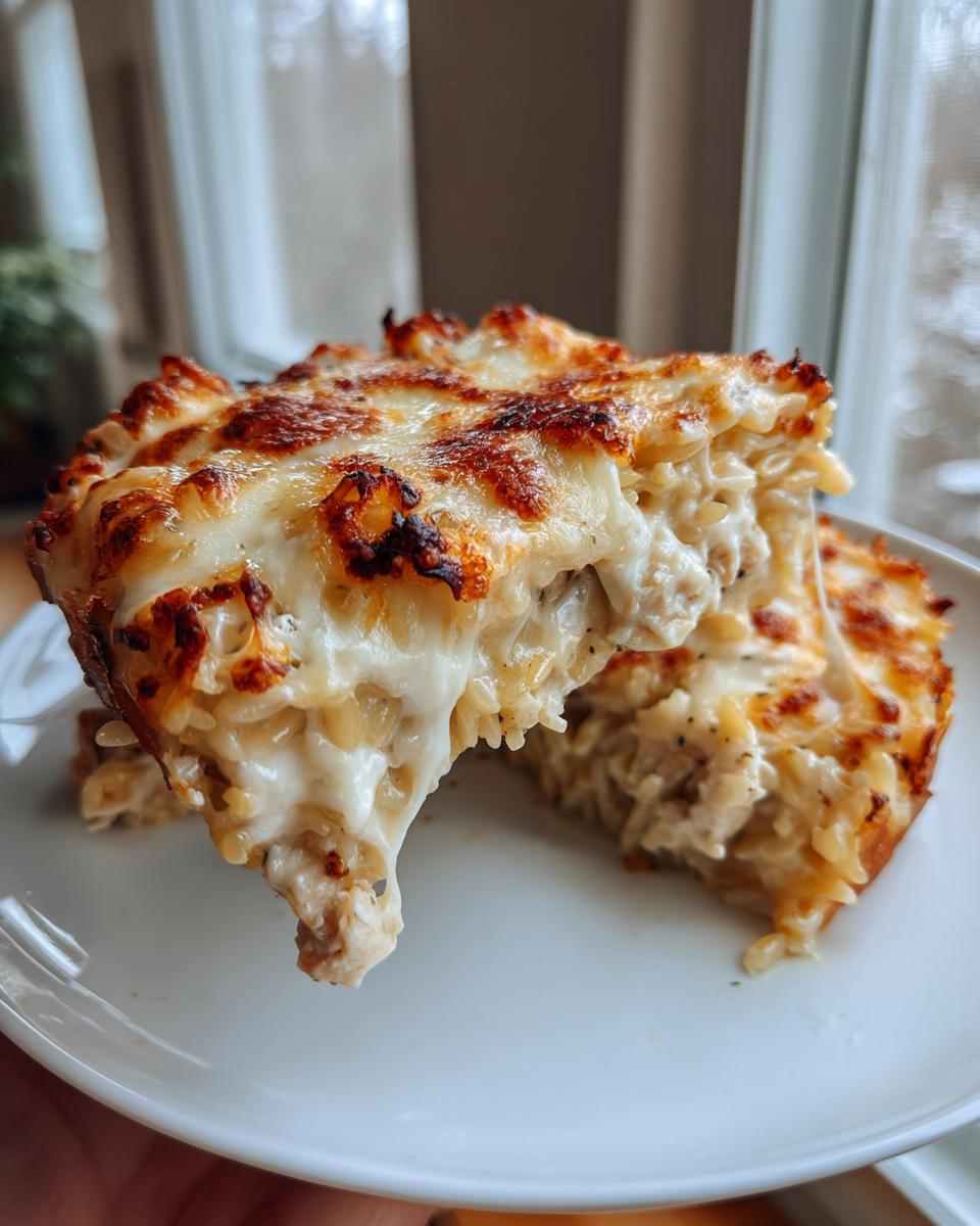 A close-up of a cheesy, baked slice of french onion chicken orzo casserole with melted cheese stretching.