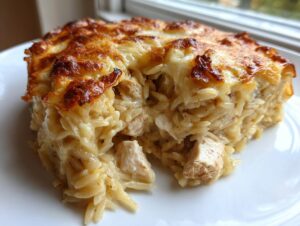 A close-up slice of creamy french onion chicken orzo casserole with a golden, bubbly cheese topping.