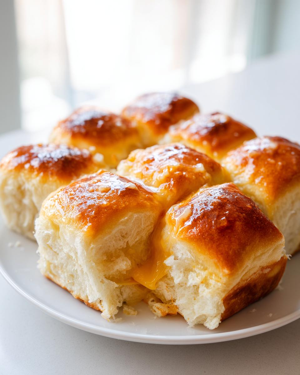 Close-up of freshly baked ham and cheese sliders with golden tops and gooey melted cheese oozing out.