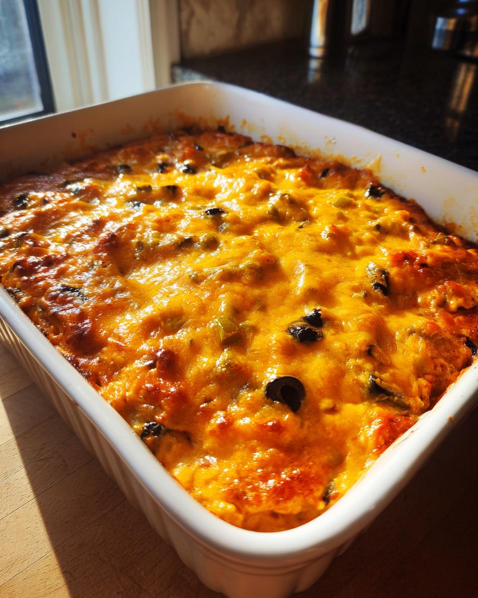 Close-up of a bubbling, cheesy texas trash dip topped with melted cheddar and black olives, fresh from the oven.