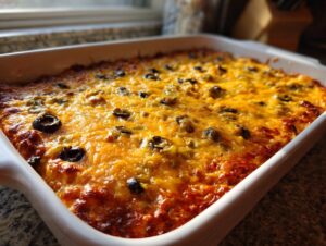 Close-up of bubbling, cheesy texas trash dip topped with melted cheddar and black olives in a white baking dish.